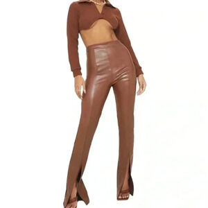 Pretty Little Thing Camel Faux Leather Seam Detail Split Hem Pants